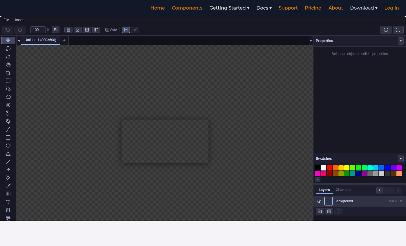 BptImageEditor — dark theme with toolbars, layers panel, swatches, and canvas